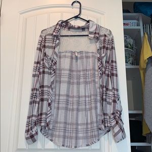 Plaid button down with lace backing